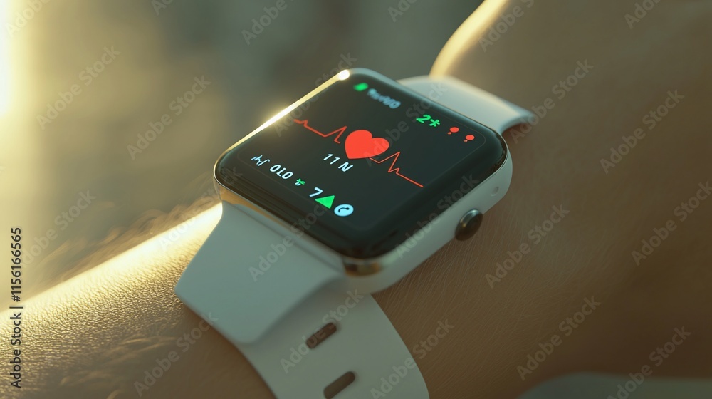 Aufkleber smartwatch displaying heart rate and health data.
