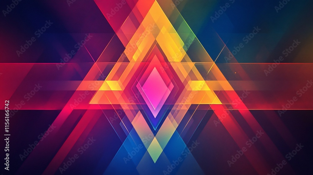 Poster abstract geometric background with vibrant colors and overlapping triangles forming a central diamon