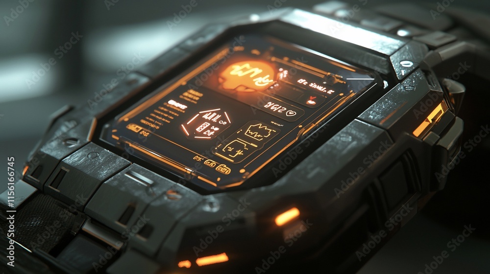 Poster futuristic smartwatch with digital display.