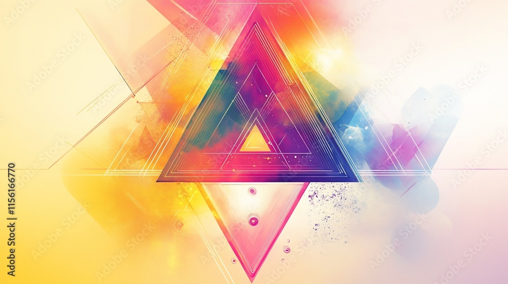 Poster abstract colorful geometric shapes and vibrant hues forming a central triangle design.