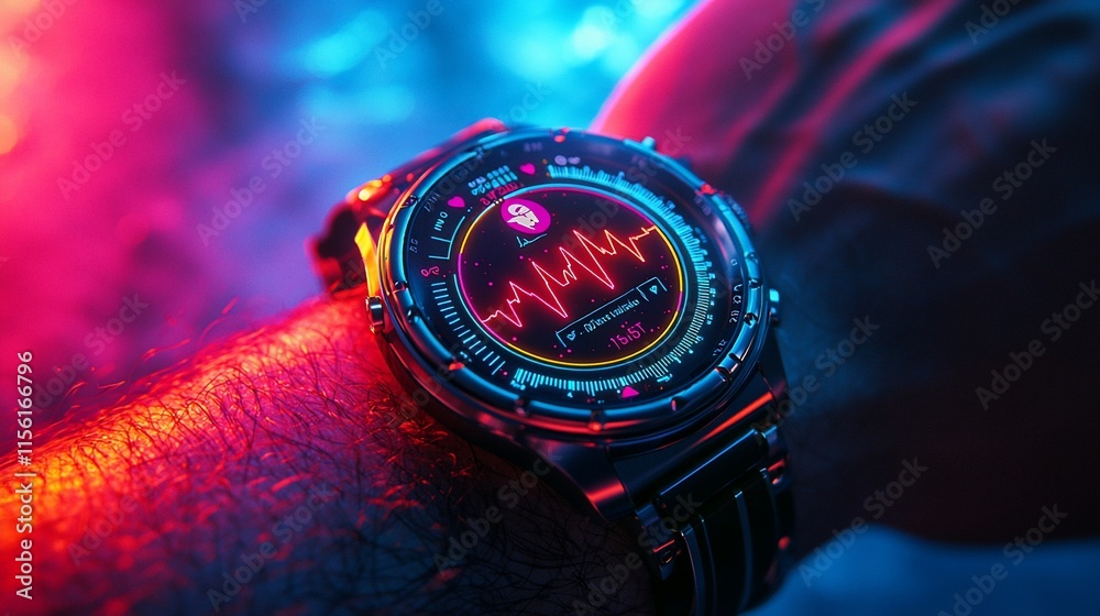 Poster smartwatch displaying heart rate on wrist in neon light.