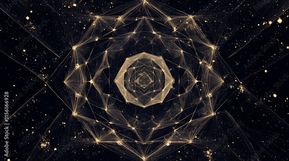 Poster abstract geometric light pattern, cosmic mandala design, glowing lines and dots on dark background.