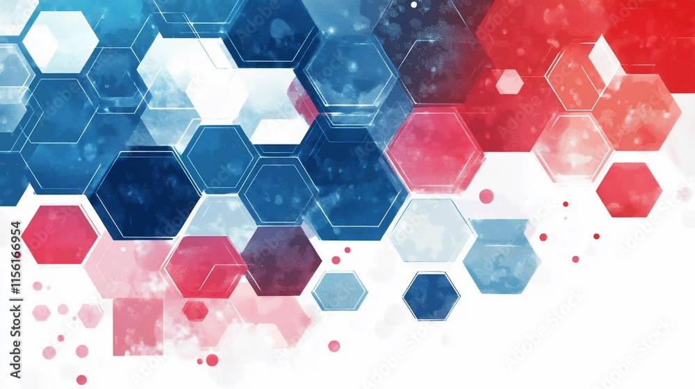 Poster abstract hexagon pattern background in red, blue, and white.
