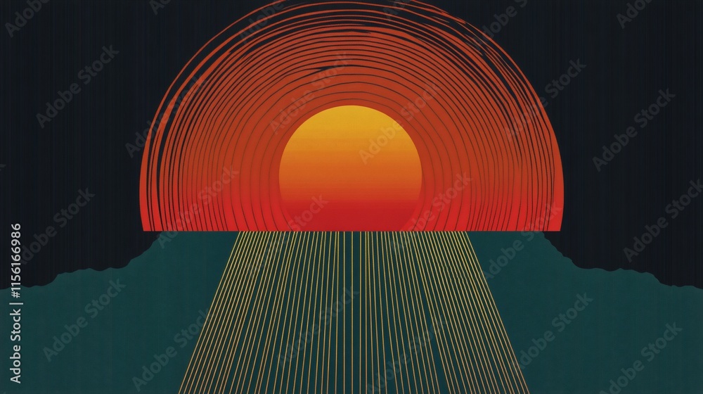 Poster abstract sunset over mountains with radiating sun rays and concentric circles.