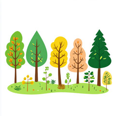 Obraz premium Colorful Illustration of Various Trees in a Whimsical Forest Setting with Green Grass and Playful Design Elements for Nature Themes
