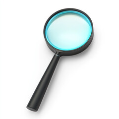 A futuristic dark gray magnifying glass icon with blue lens, symbolizing exploration and discovery