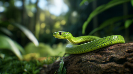 Obraz premium A vibrant green snake resting on a mossy log in a lush tropical forest, surrounded by sunlight filtering through dense foliage and a natural serene environment