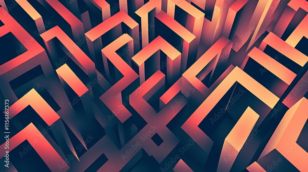 Poster Abstract 3D rendering of a complex maze-like structure with orange and red hues.