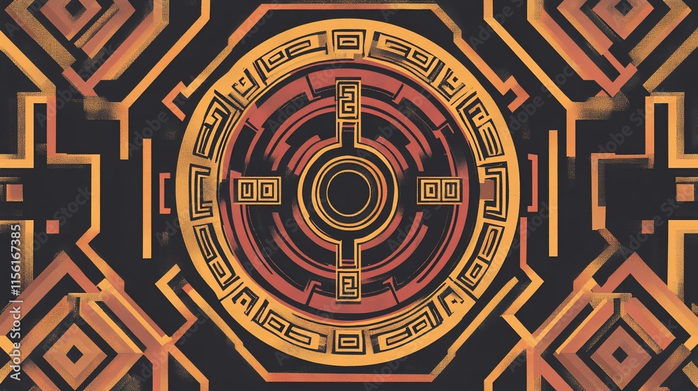 Poster Abstract geometric pattern with concentric circles and angular shapes in warm tones.