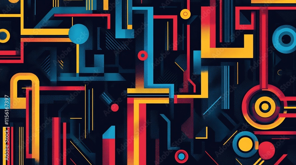 Poster Abstract geometric artwork with vibrant colors and bold lines creating a complex, layered design.