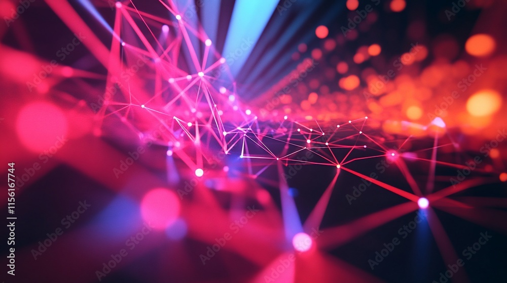 Aufkleber abstract digital network, glowing lines and nodes in red and blue.