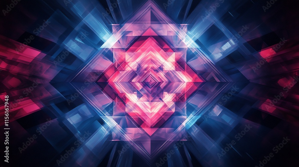 Poster abstract geometric shapes in vibrant pink and blue hues, creating a symmetrical, dynamic, and visual