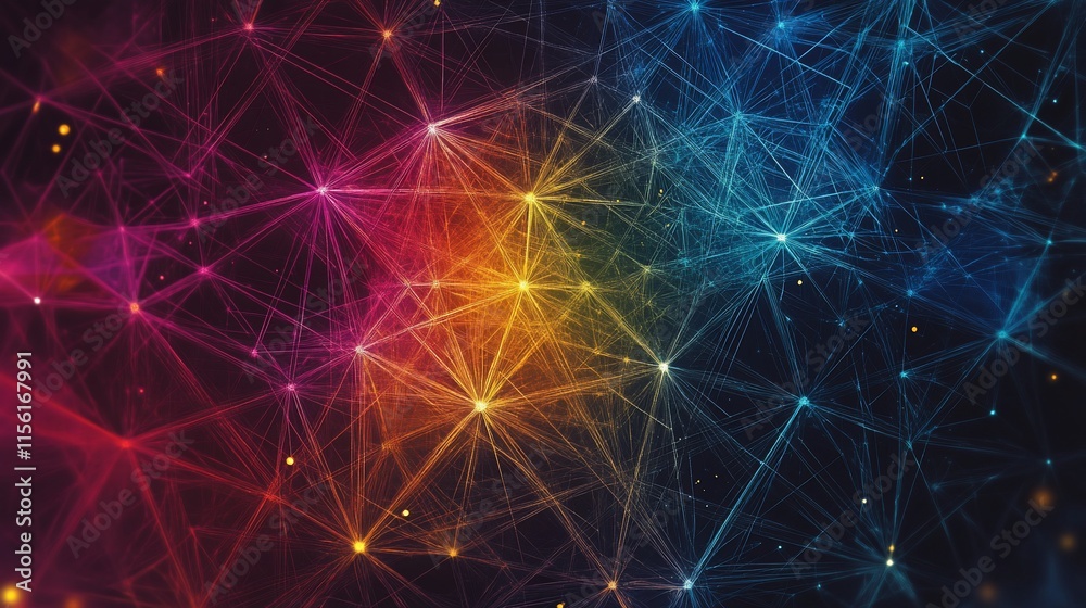 Poster Abstract colorful network background with glowing nodes and lines.