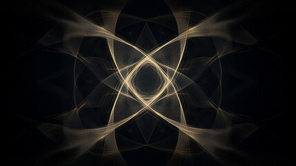 Abstract gold light design on black background, symmetrical pattern, glowing lines.