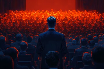 A man stands confidently before a large audience, illuminated by warm red lights, creating an atmosphere of anticipation and engagement.