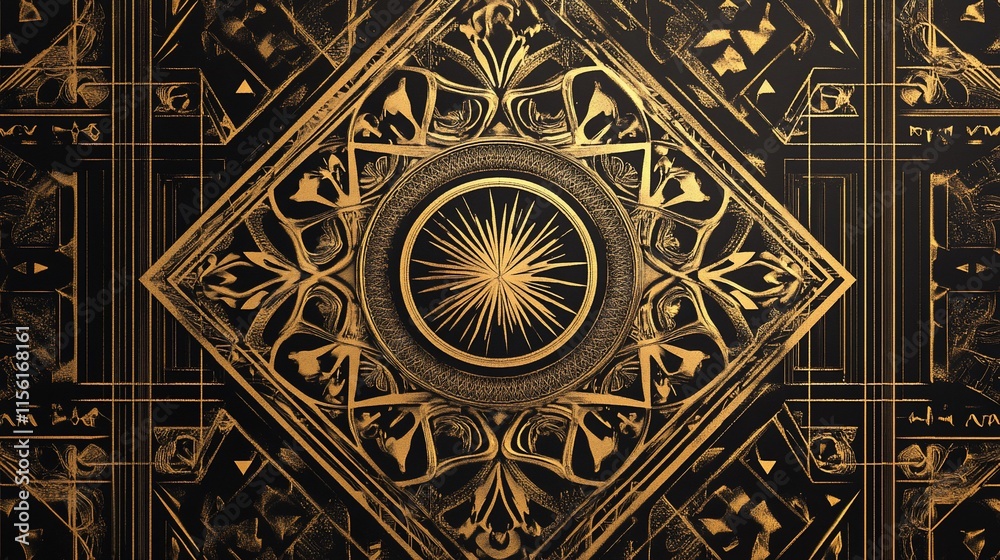 Poster intricate gold geometric pattern on black background; ornate, symmetrical design with circular manda