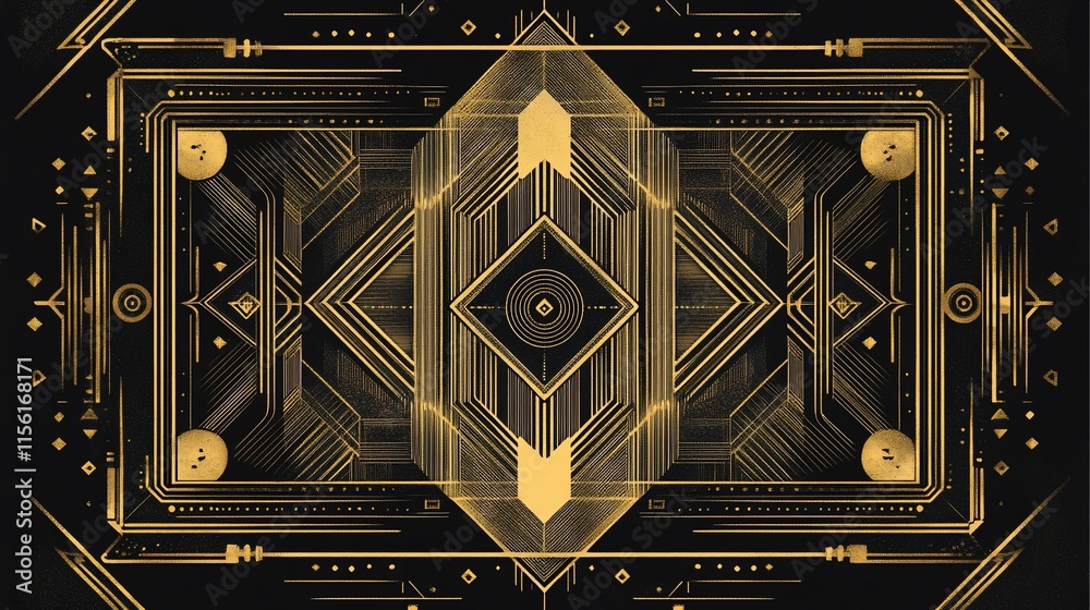Poster abstract geometric art deco design with gold and black patterns.