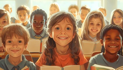 Group of happy children in a classroom, smiling while holding books, showcasing enthusiasm for learning and reading.