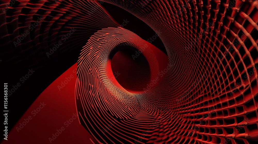 Poster Abstract red spiral tunnel with geometric pattern.
