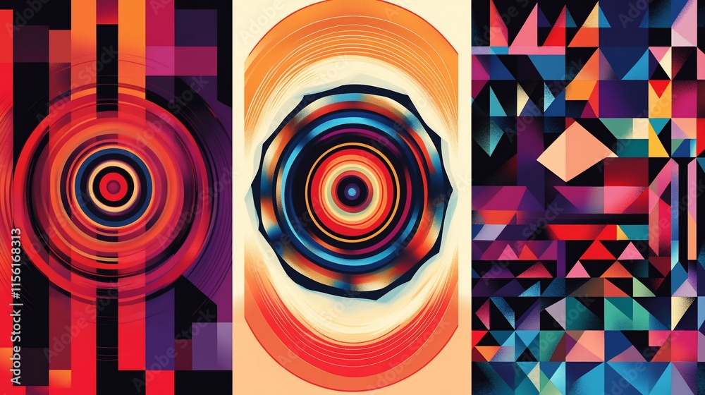 Poster abstract geometric triptych with vibrant colors and shapes.