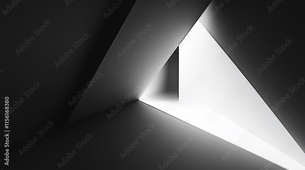 Poster Abstract grayscale image of a bright triangular opening in a dark, geometric structure.