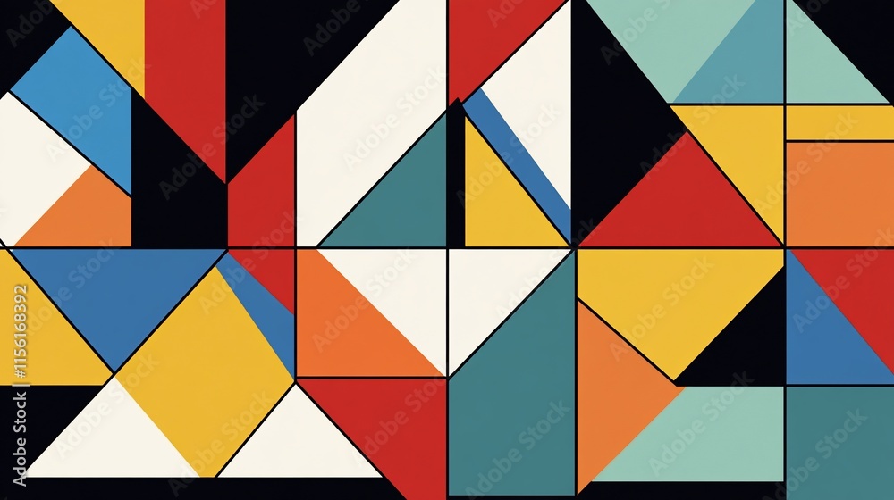 Poster Abstract geometric pattern with colorful triangles on black background.