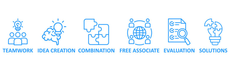 Brainstorming icon set illustration concept with icon of teamwork,idea creation,combination,free associate,evaluation,solutions