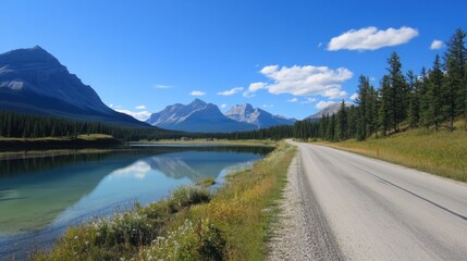 An expansive road cutting through the Rockies, crystal-clear river running parallel 