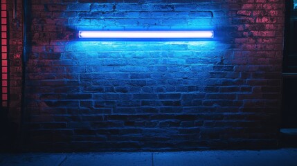 Cool blue neon light illuminates a brick wall.