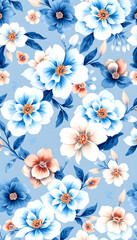 Watercolor dusty blue floral seamless pattern for fabric. Watercolor royal blue pattern repeat floral background for apparel, wallpaper, wrapping paper, home decor, asian style, with white tones