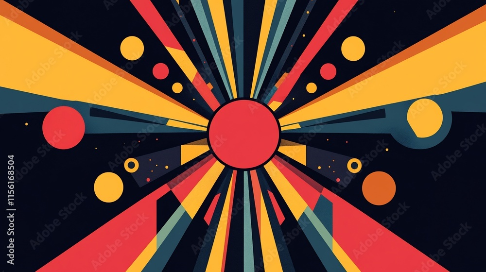 Poster Abstract colorful burst design with radiating lines and circles.