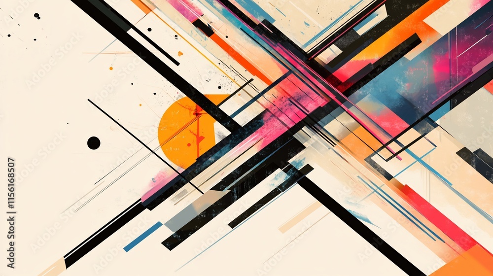 Fototapete abstract colorful geometric artwork with intersecting lines, shapes, and splashes of color on a beig