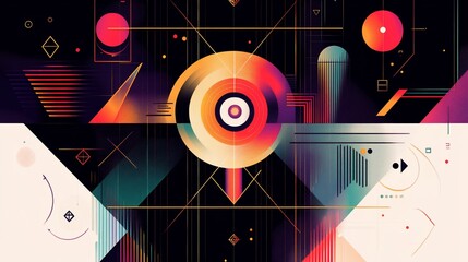 Obraz premium Abstract geometric art with vibrant colors, circles, lines, and shapes.