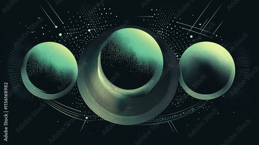 Poster abstract cosmic spheres with a dark teal gradient, connected by a metallic ring, set against a starr