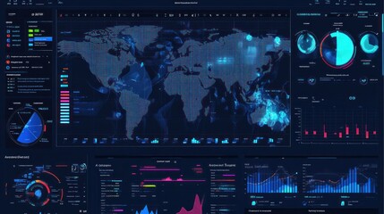 Obraz premium Advanced data visualization dashboard with KPI metrics and country-specific stats, futuristic glass interface,