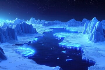Fototapeta premium Ethereal Ice Landscape with Illuminated Waters Under Starry Sky, Capturing the Majestic Beauty of a Frozen Arctic Wilderness at Night