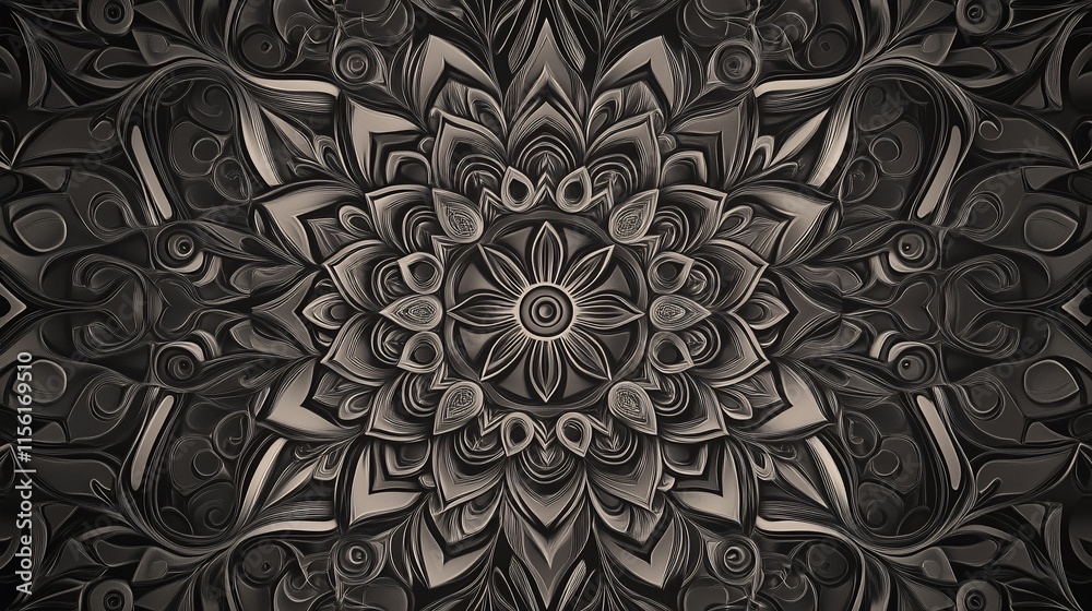Poster intricate grayscale mandala design with floral and geometric patterns.