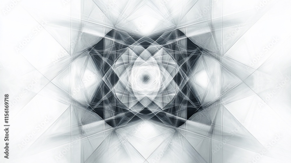 Poster Abstract grayscale geometric pattern with symmetrical design, radiating lines and central focus.