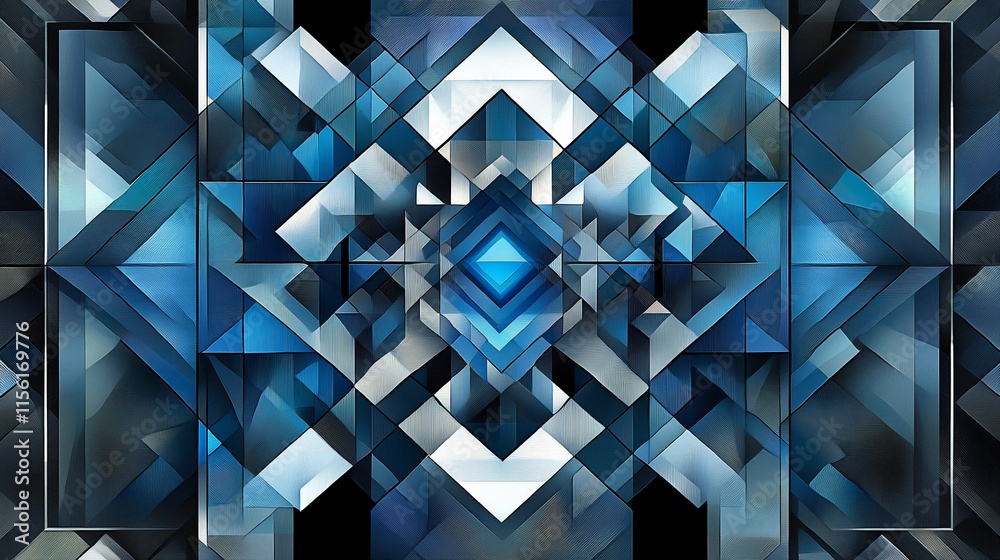 Poster Abstract geometric blue and white pattern with symmetrical design and 3D effect.
