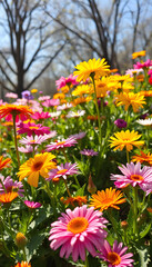 Obraz premium Vibrant flowers in various colors flourish under bright sunlight, creating a joyful display of spring's beauty and nature's artistry, hyperrealism, with white tones