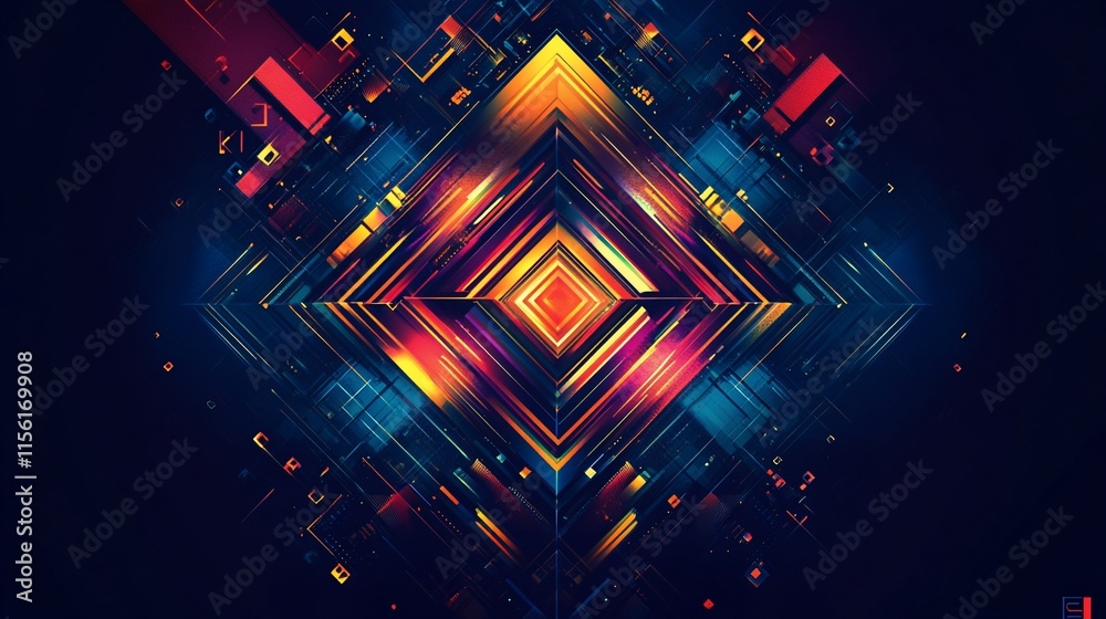 Poster Abstract geometric artwork with vibrant colors and glowing lines creating a diamond shape.