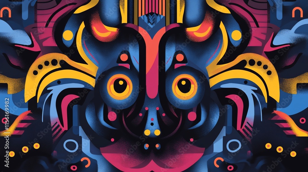 Poster abstract colorful symmetrical creature with bold shapes and vibrant hues.