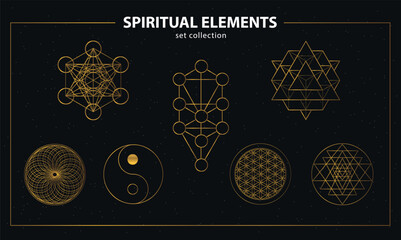 Sacred Geometry Symbols: Metatron, Tree of life, Flower of life, Sri Yantra, Torus Yantra, Yin Yang. Spiritual yoga design elements. Golden. Illustration, vector