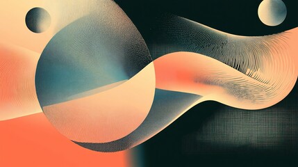 Abstract art with swirling, textured shapes in peach, teal, and black.