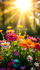 Obraz premium Vibrant flowers in various colors flourish under bright sunlight, creating a joyful display of spring's beauty and nature's artistry, studio lighting, with white tones