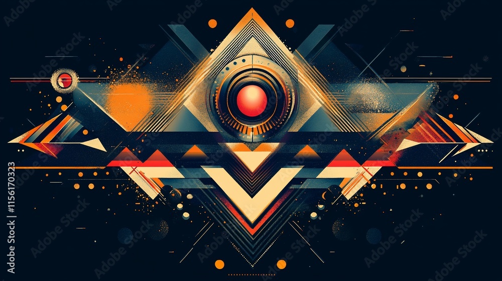 Poster Abstract geometric design with vibrant colors and shapes, featuring a central circular element.
