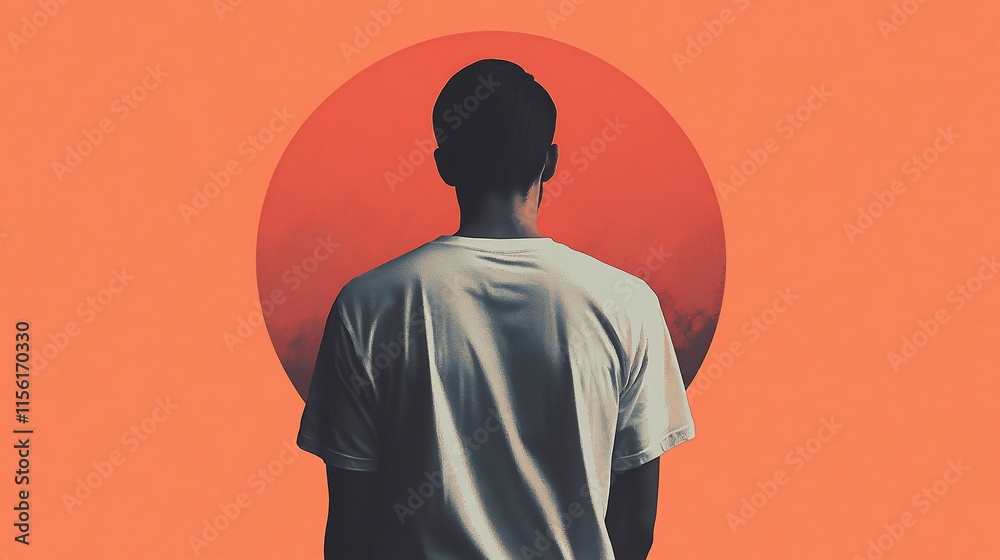 Poster Man viewed from behind, standing before a large red circle with cloudy texture on an orange background.