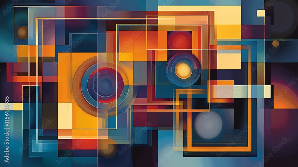 Poster abstract geometric artwork with overlapping squares, circles, and rectangles in vibrant colors.
