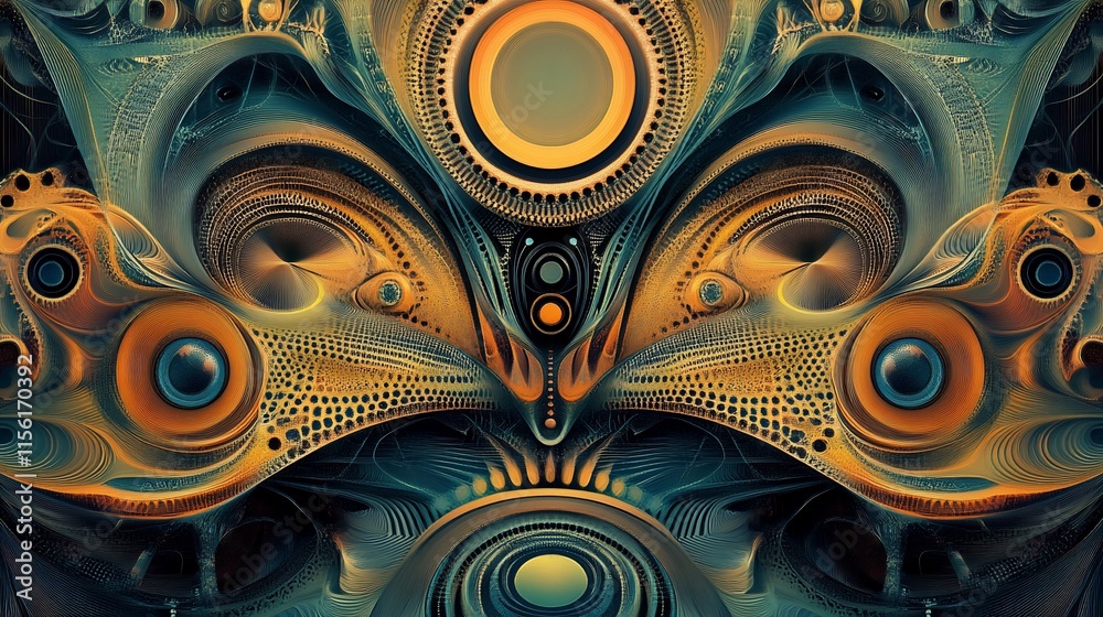 Poster abstract symmetrical artwork with swirling patterns, intricate details, and warm color tones.