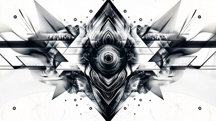 Obraz premium Abstract grayscale geometric design with central eye-like form and symmetrical wings.